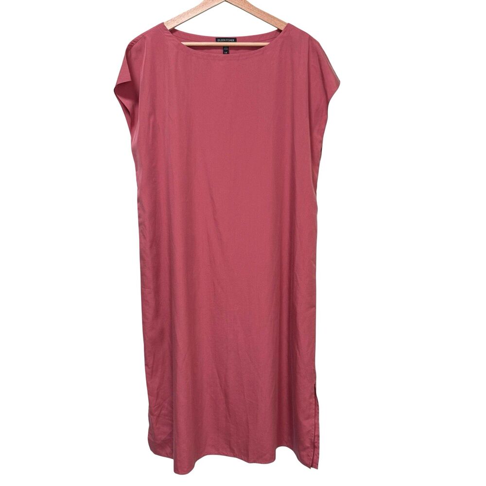 Eileen Fisher Shift Dress CHUTNEY Sandwashed Tencel Women Large Bateau Neck Rose